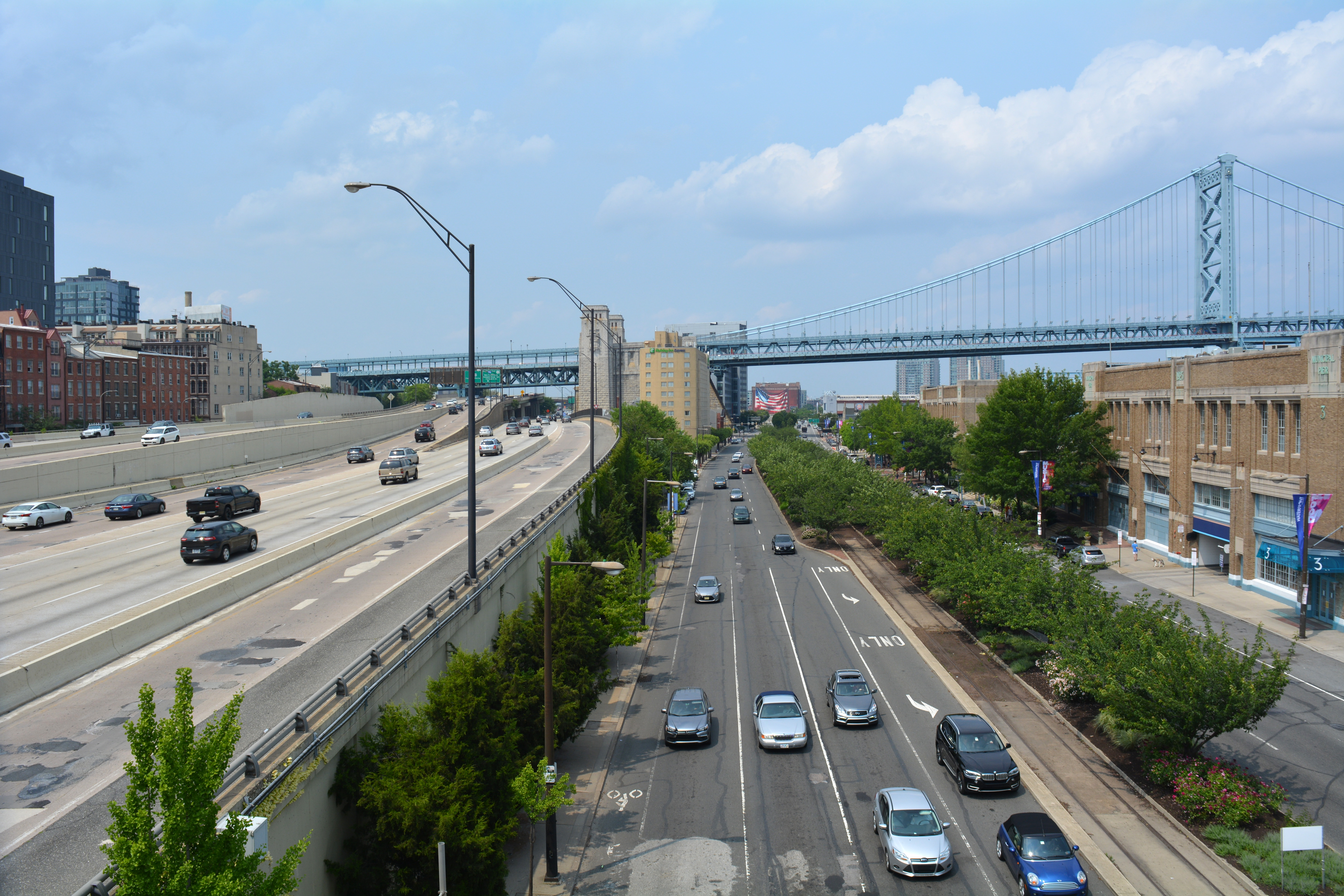 The view of I95 Northbound and the Ben Franklin Bridge from Market Street